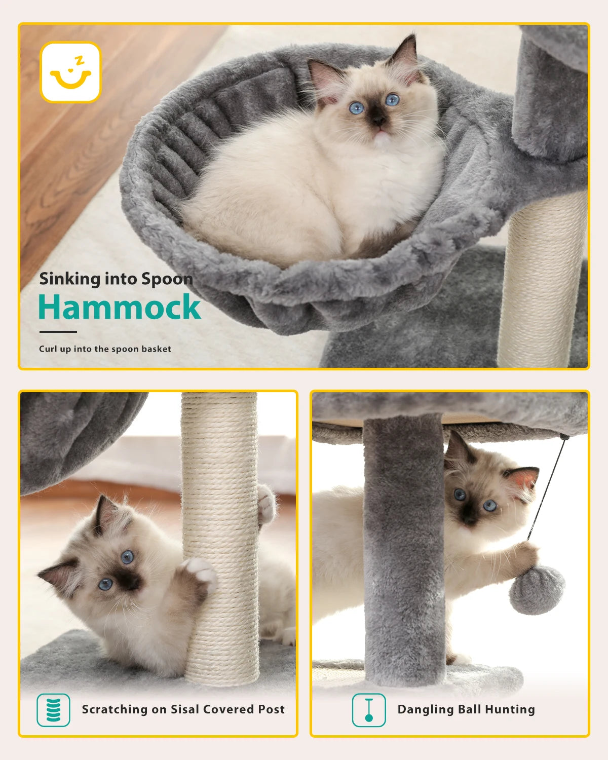 Cat Tree Tower for Indoor Cats – 2-Style Cat Activity Center with Scratching Posts, Large Hammock & Removable Top Perch, Grey