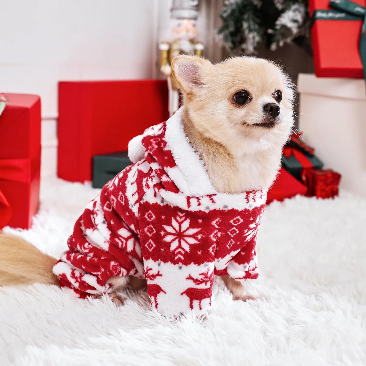Winter Christmas Pet Jumpsuit – Warm Plush Onesie for Small & Medium Dogs & Cats