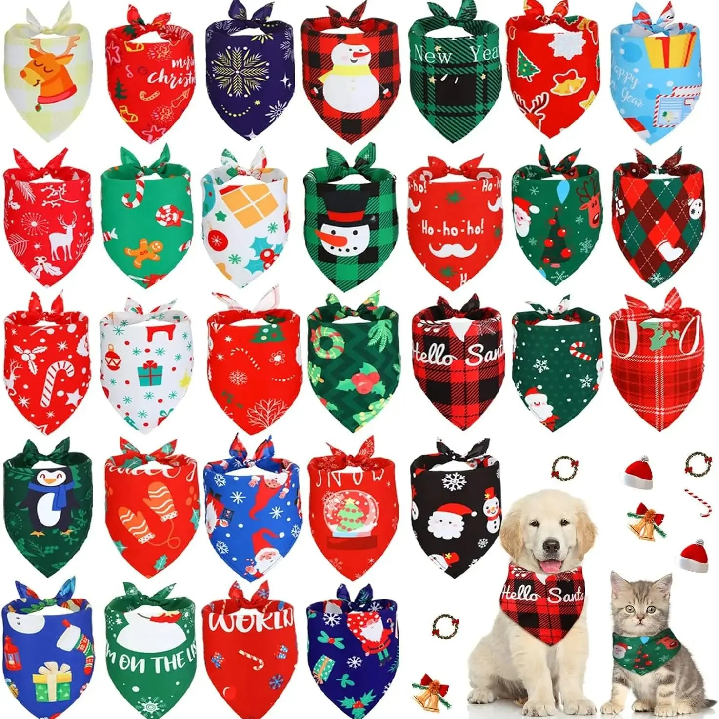 30-Pack Christmas Pet Bandanas – Holiday Dog & Cat Triangle Scarves