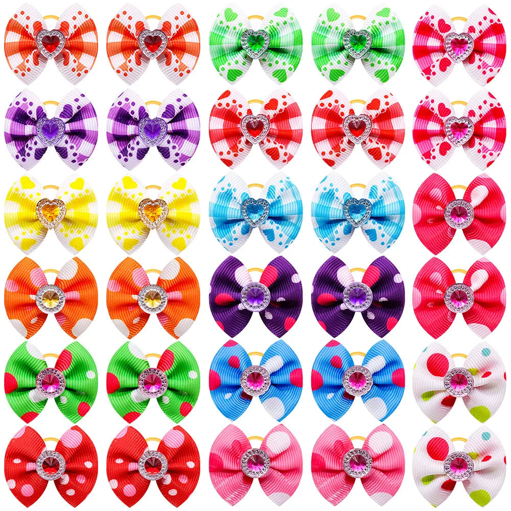 20PCS Dog Hair Bows with Diamond – Colorful Pet Grooming Accessories with Rubber Bands for Small Dogs & Puppies