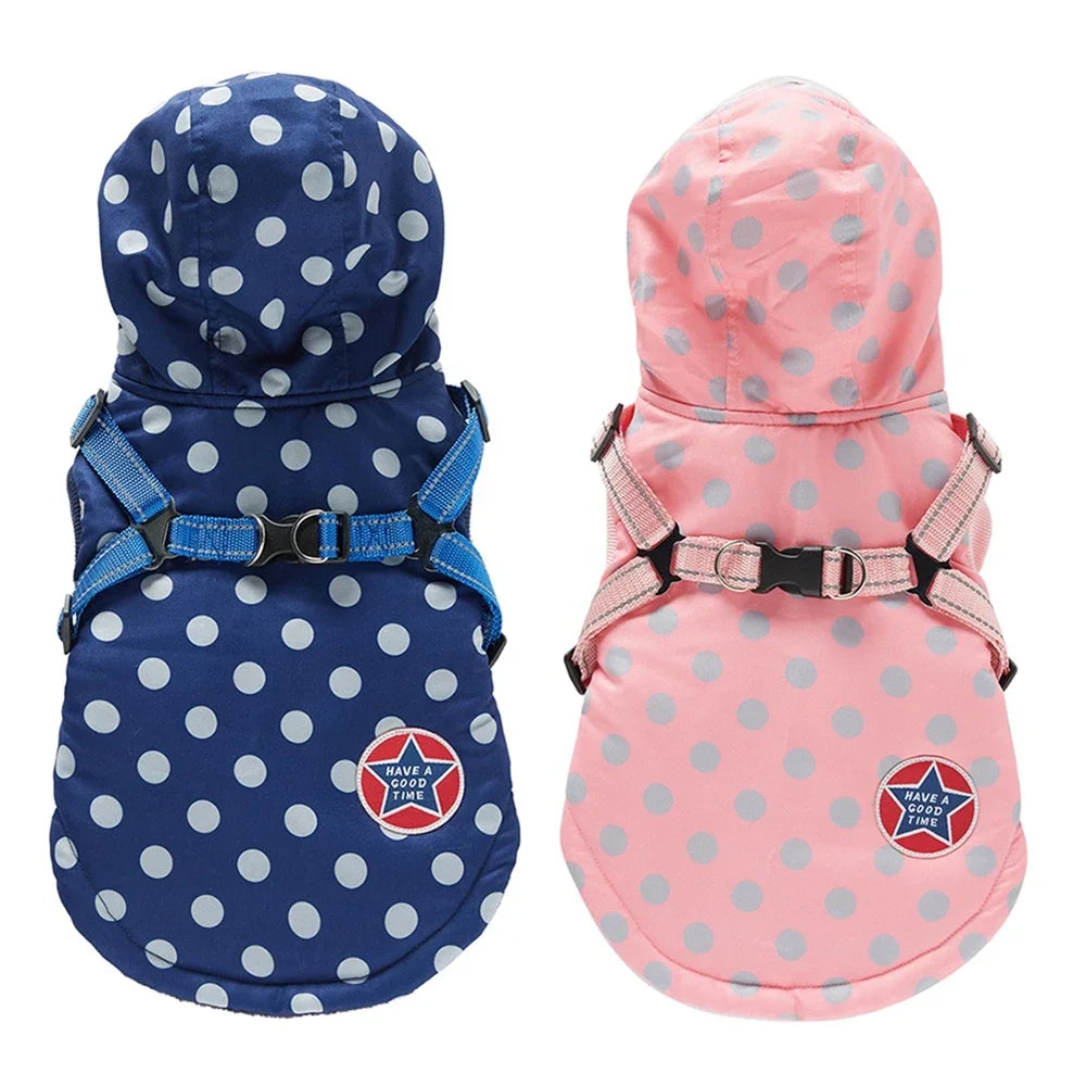 Winter Pet Dog Waterproof Coat with Harness – Warm Cotton Hooded Jacket for Small Dogs & Cats