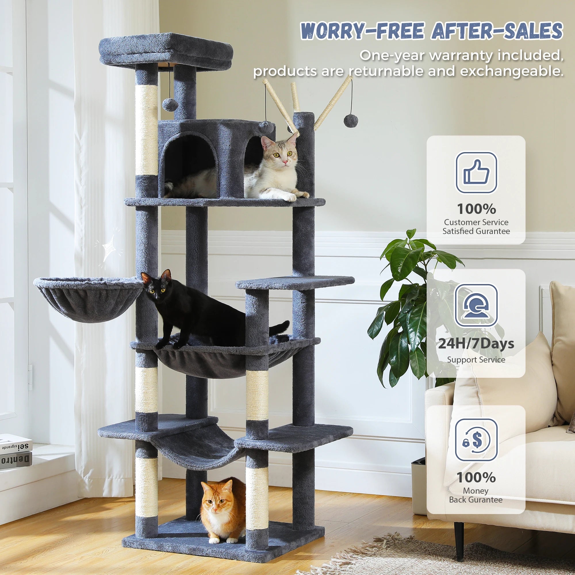 Multi-Level Cat Tree Tower for Indoor Cats – Modern Cat Furniture with Scratching Posts, Condo & Large Hammock