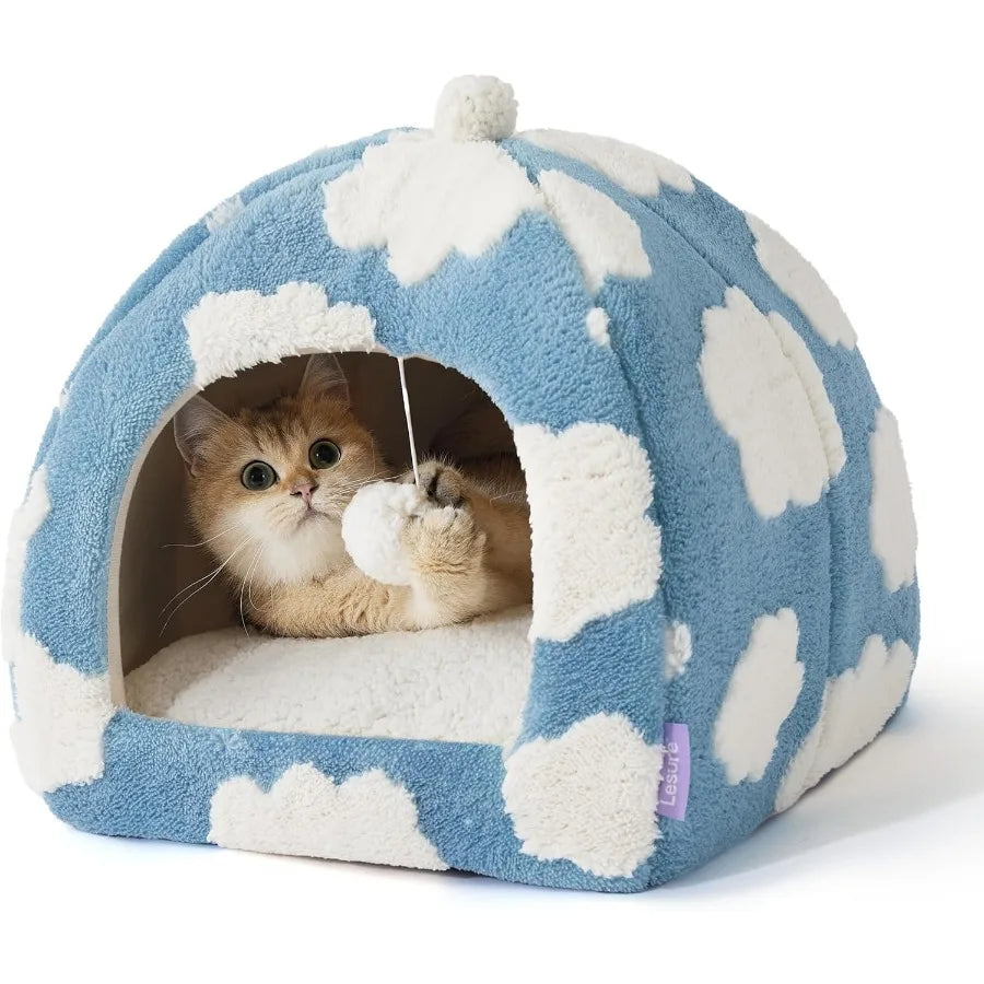 2-in-1 Cozy Cat Cave Bed with Washable Cushion – Blue