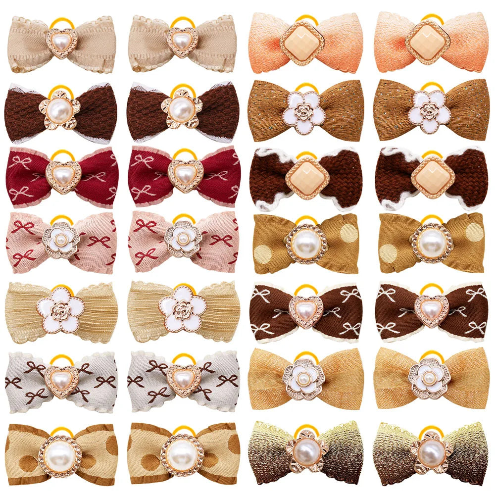 20PCS Pearl Dog Bows with Rubber Bands – Winter Puppy Hair Accessories for Small Dogs