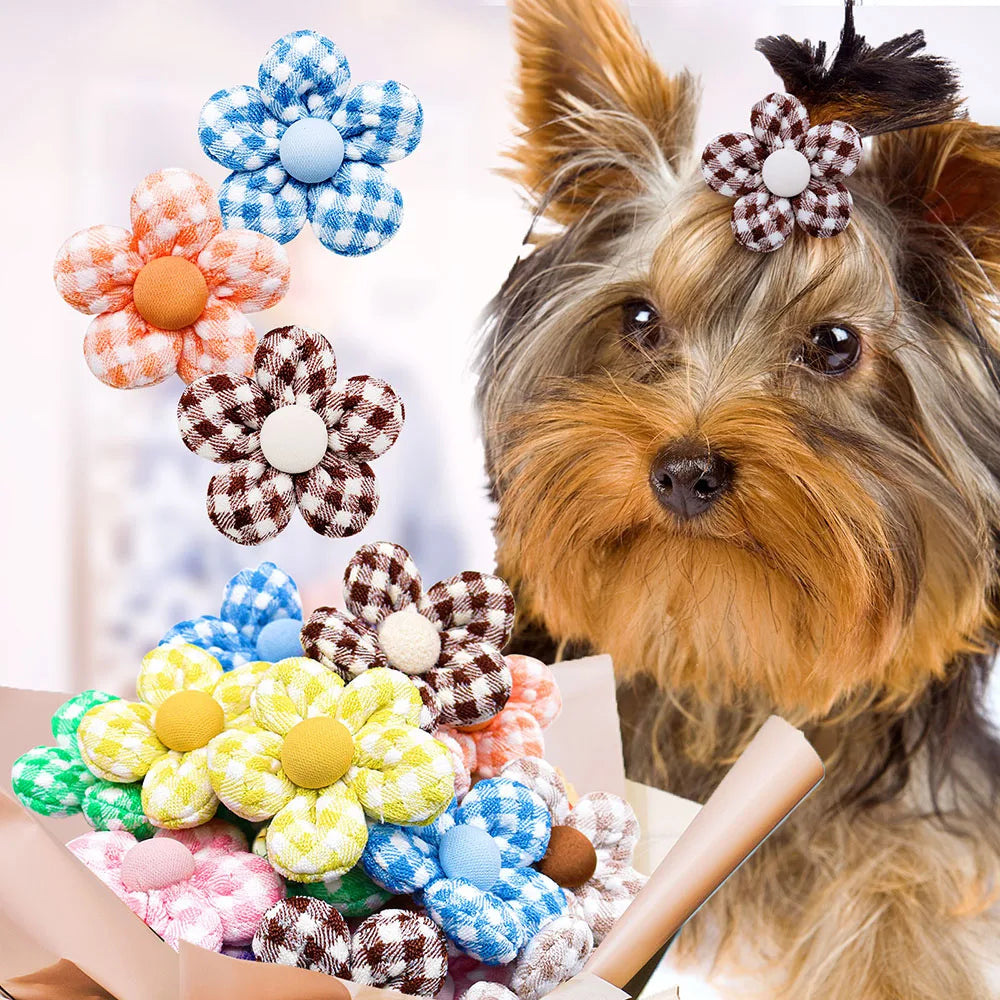 20PCS Flower Pet Hair Bows – Handmade Dog Bows with Rubber Bands for Small Dogs & Grooming Accessories