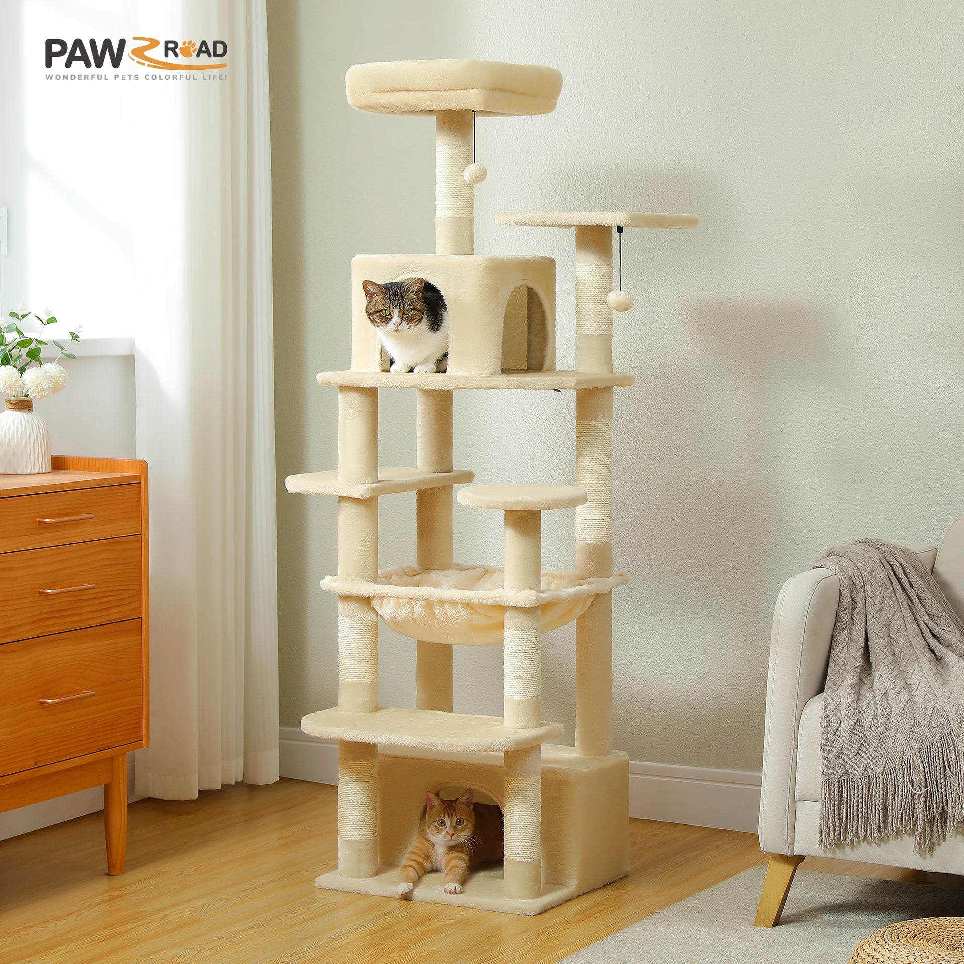 Large Cat Tree Tower for Indoor Cats – Multi-Level Cat Condo with Sisal Scratching Posts, Hammock, Padded Perches & Toys