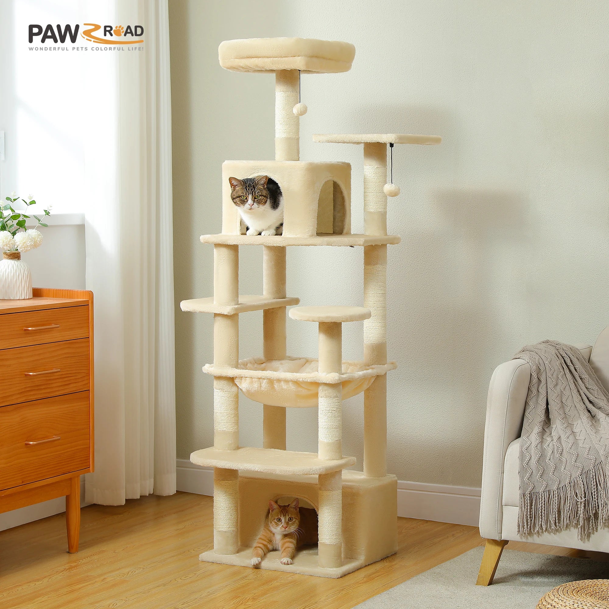 Large Cat Tree Tower for Indoor Cats – Multi-Level Cat Condo with Sisal Scratching Posts, Hammock, Padded Perches & Toys