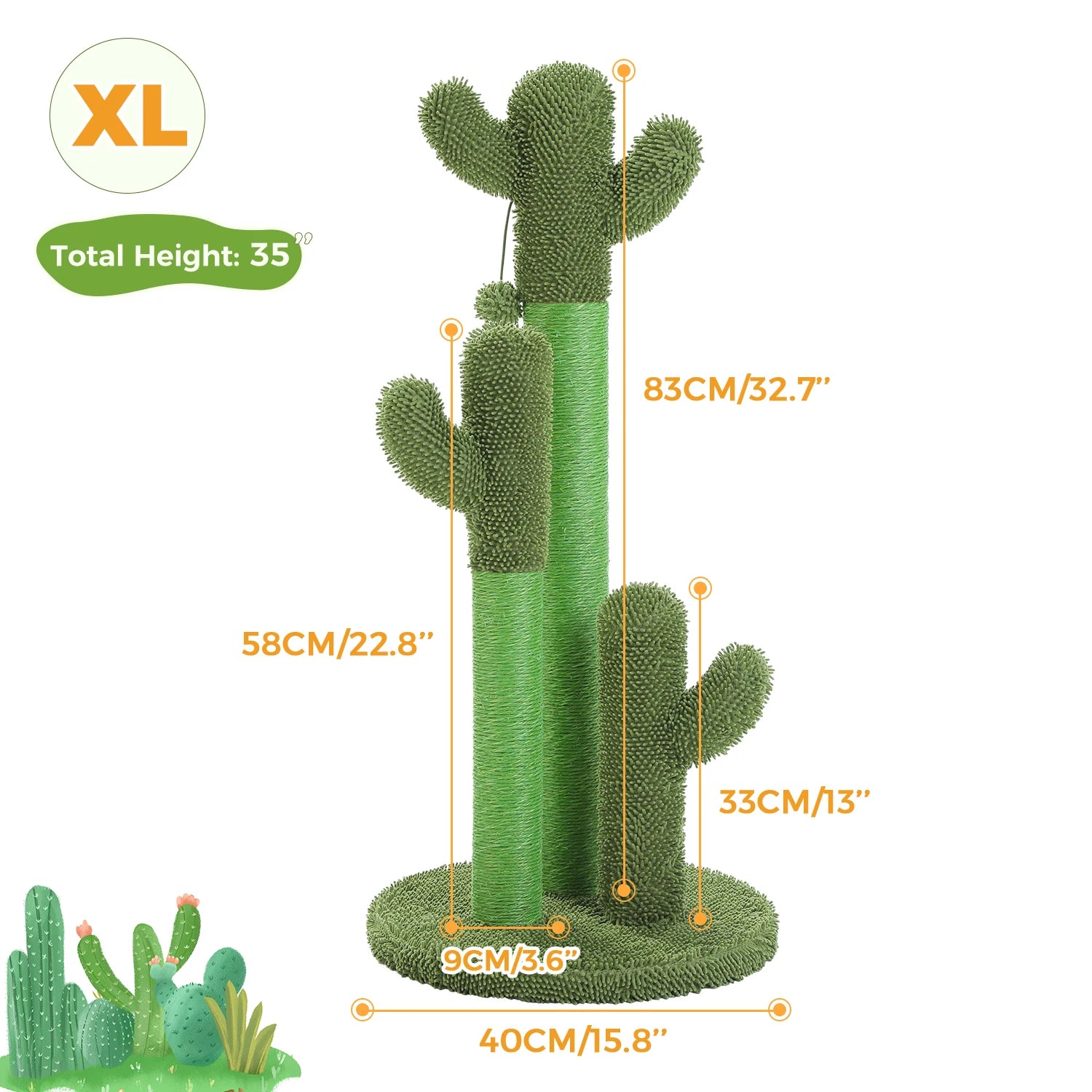 Cactus Cat Scratching Post – Tall Cat Scratcher for Indoor Cats with 3 Sisal Poles & Interactive Dangling Ball Toys