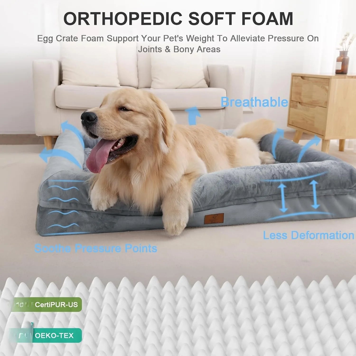 XL Orthopedic Waterproof Dog Bed with Washable Cover – Gray