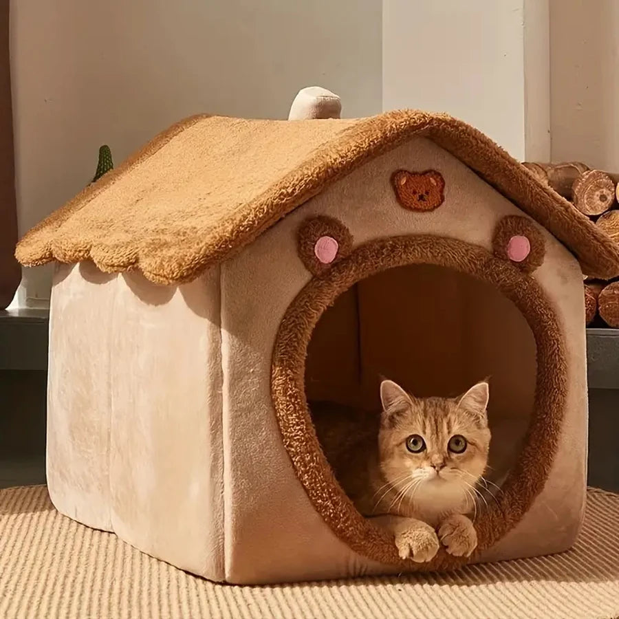 Foldable Cat & Dog House Bed with Removable Washable Cushion