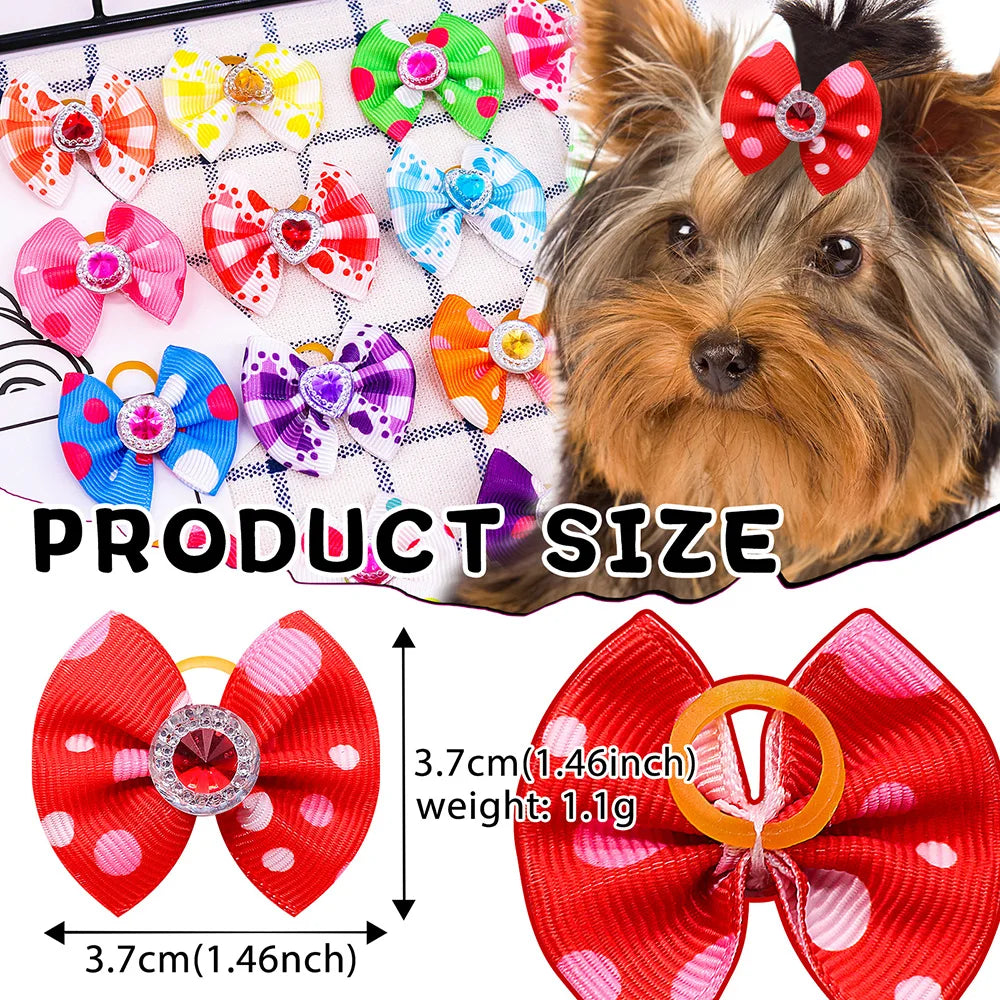 20PCS Dog Hair Bows with Diamond – Colorful Pet Grooming Accessories with Rubber Bands for Small Dogs & Puppies