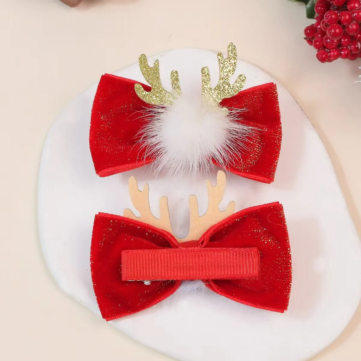 2-Pack Winter Dog & Cat Bows – Red Velvet Antler Hairpins with Metal Clips