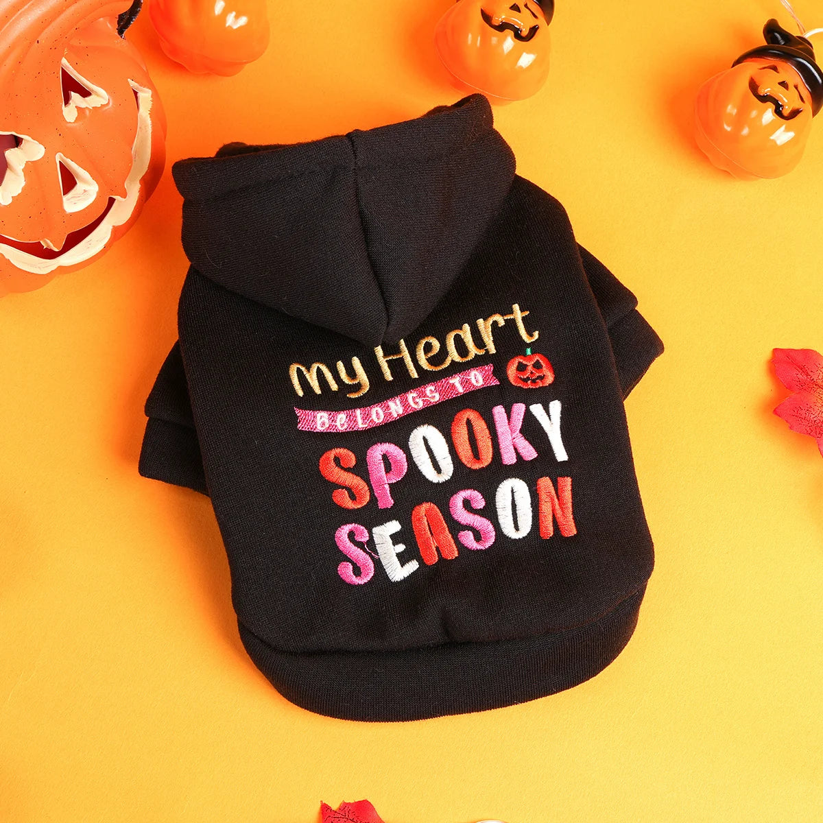 Thriller Season Halloween Pet Hoodie – Black Embroidered Dog & Cat Sweater with Buttons and Leash Hole