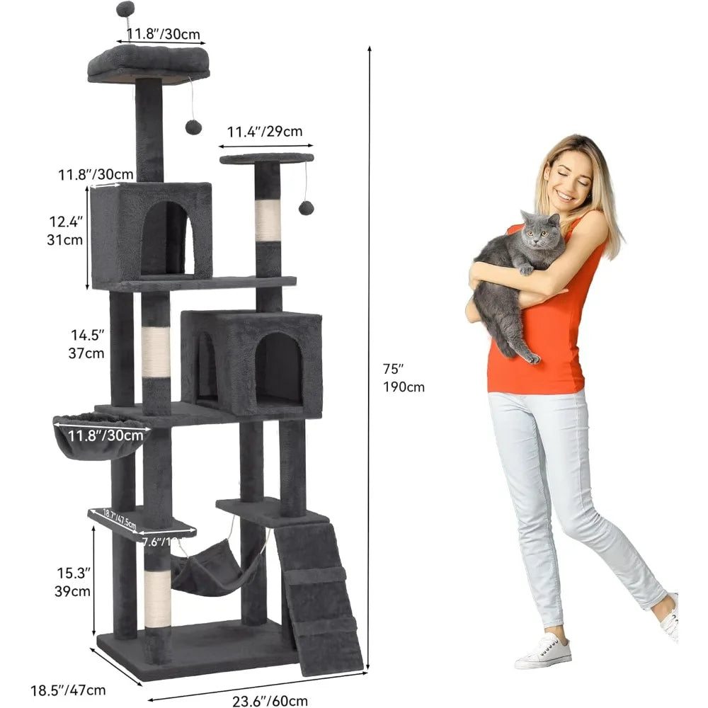YITAHOME 75" Cat Tree Tower, Multi-Level Cat Furniture with Scratching Posts, Hammock & Perches