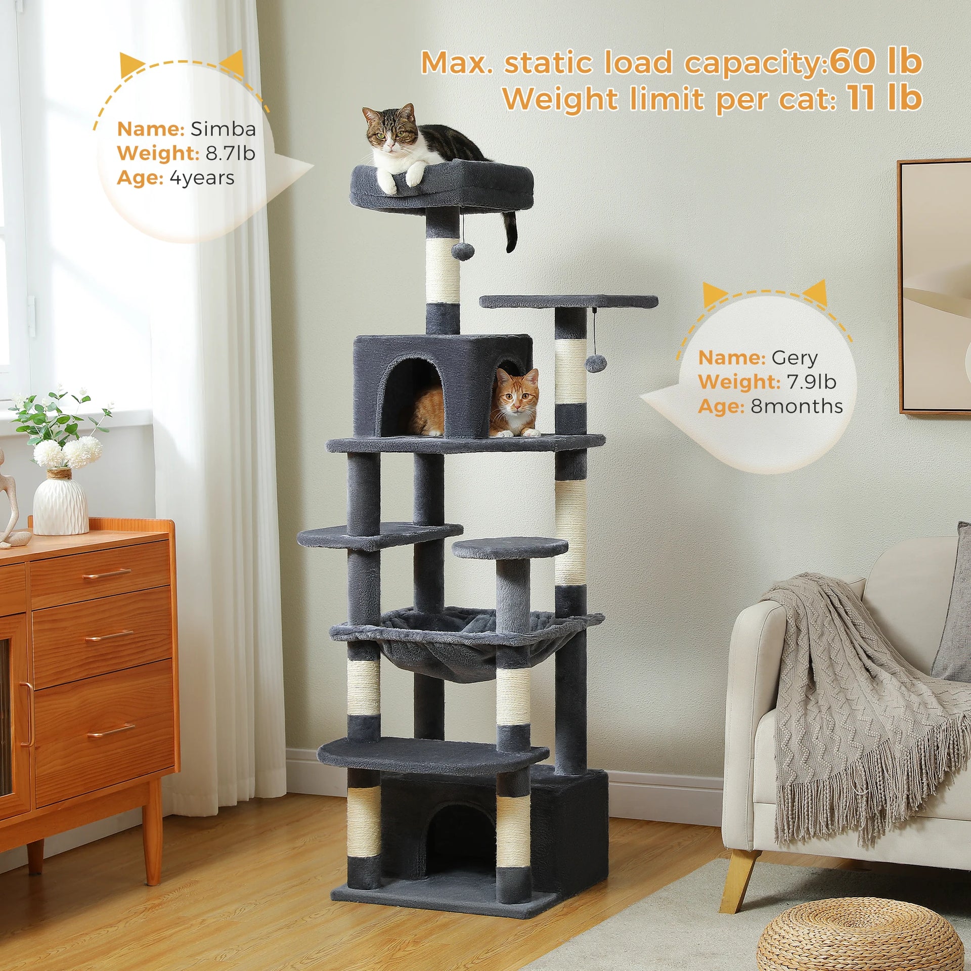 Large Cat Tree Tower for Indoor Cats – Multi-Level Cat Condo with Sisal Scratching Posts, Hammock, Padded Perches & Toys
