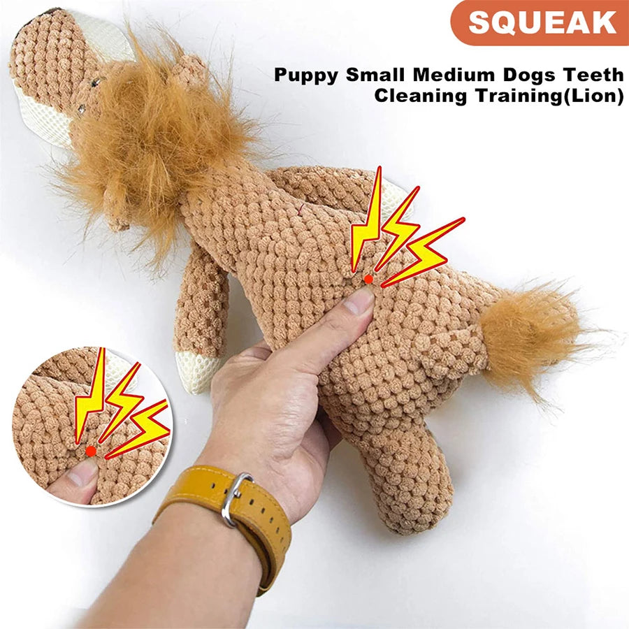 Bite-Resistant Squeaky Plush Dog Toy – Lion, Wolf & Elephant