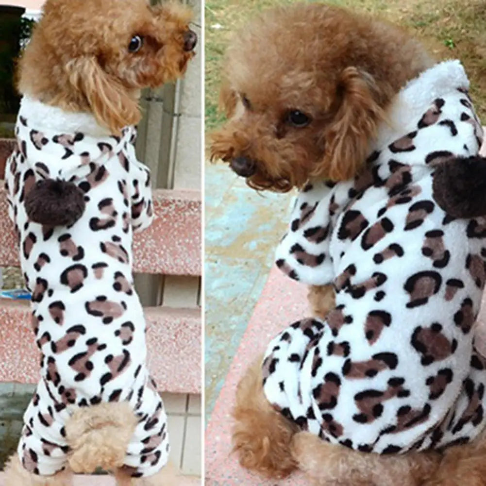 Dog Hoodie – Warm Flannel Leopard Print Jumpsuit Pajamas for Small Pets