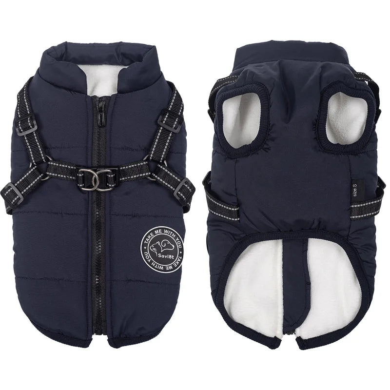 Winter Warm Dog Jacket – Waterproof Pet Coat with Harness, Fleece Vest for Small & Large Dogs