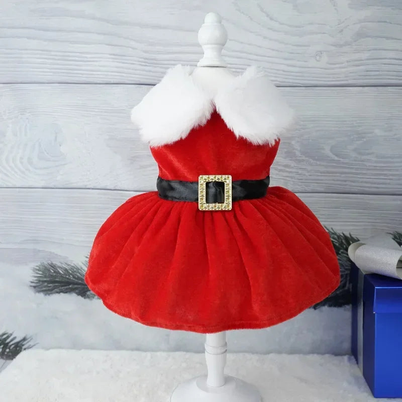 Red Christmas Bow Dress – Warm Santa-Style Holiday Outfit for Dogs & Cats