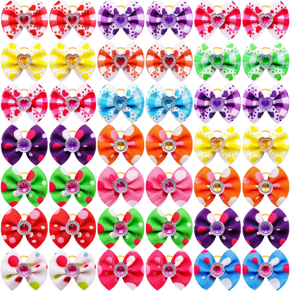20PCS Dog Hair Bows with Diamond – Colorful Pet Grooming Accessories with Rubber Bands for Small Dogs & Puppies