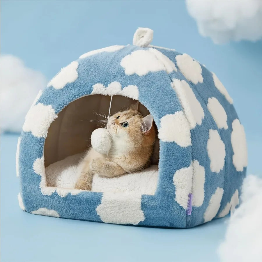 2-in-1 Cozy Cat Cave Bed with Washable Cushion – Blue