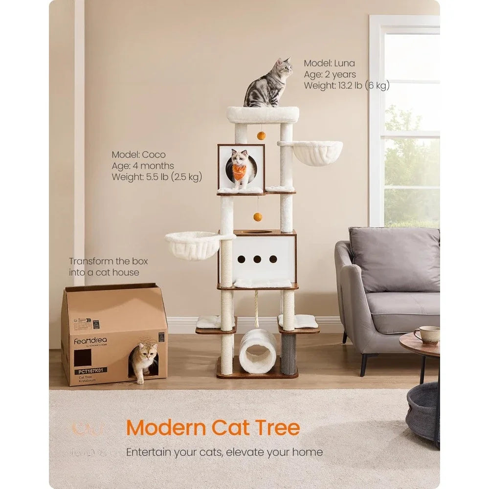 Tall Modern Cat Tree Tower for Large Indoor Cats – Multi-Level Cat Condo with 2 Caves, 2 Hammocks & 4 Sisal Scratching Posts