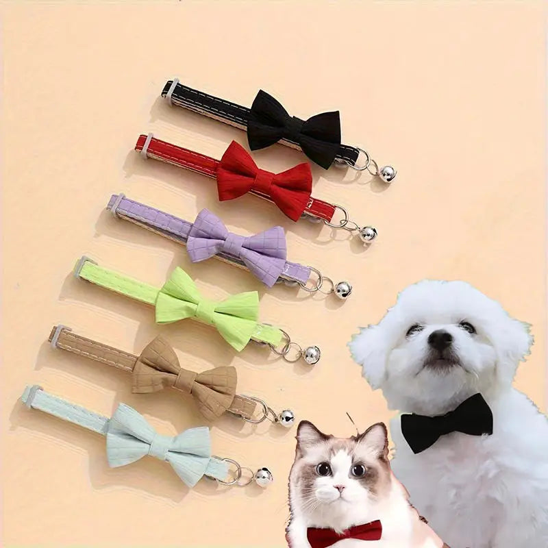 Adjustable Bow Collar with Bell – Solid Color for Puppies & Cats
