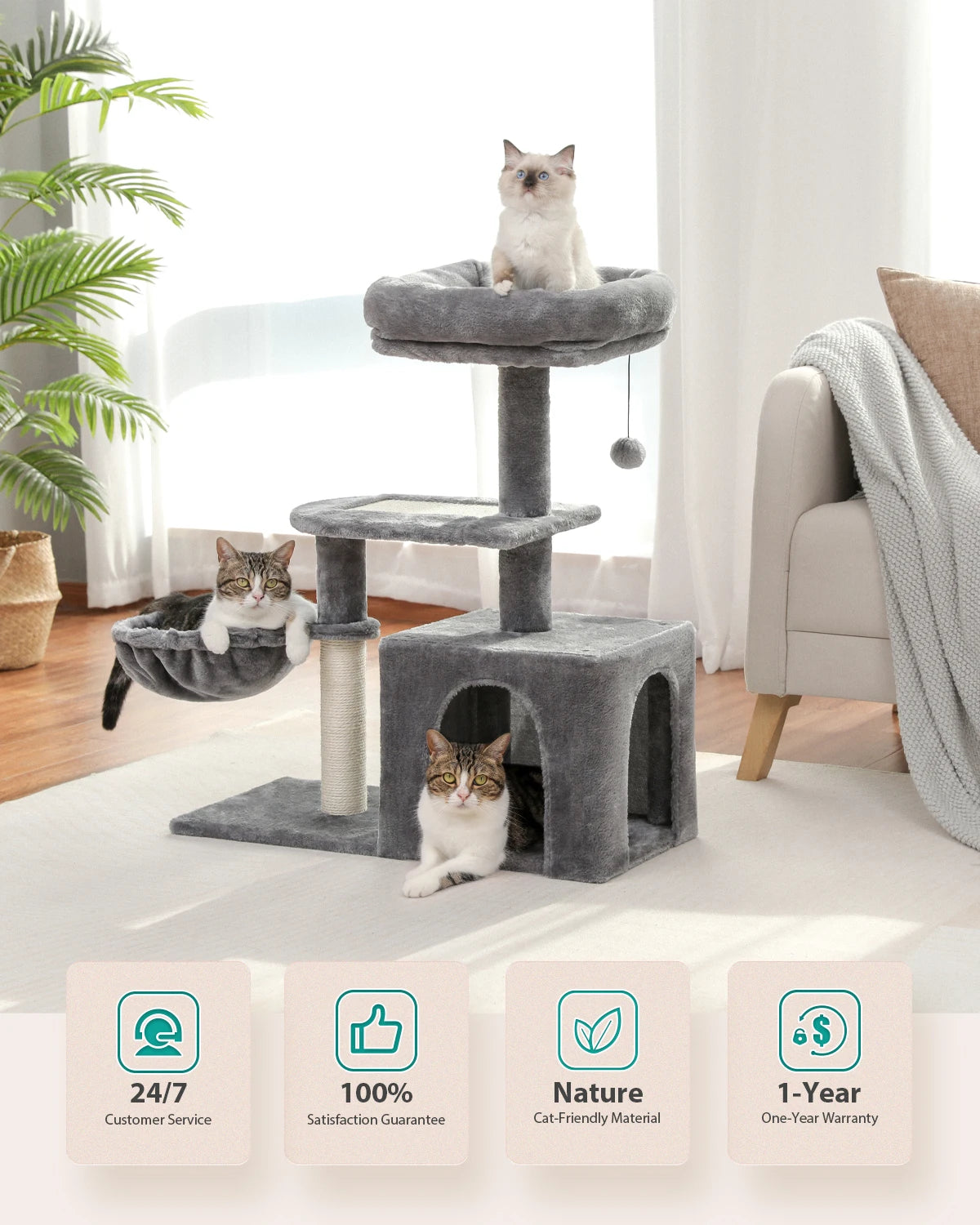 Cat Tree Tower for Indoor Cats – 2-Style Cat Activity Center with Scratching Posts, Large Hammock & Removable Top Perch, Grey