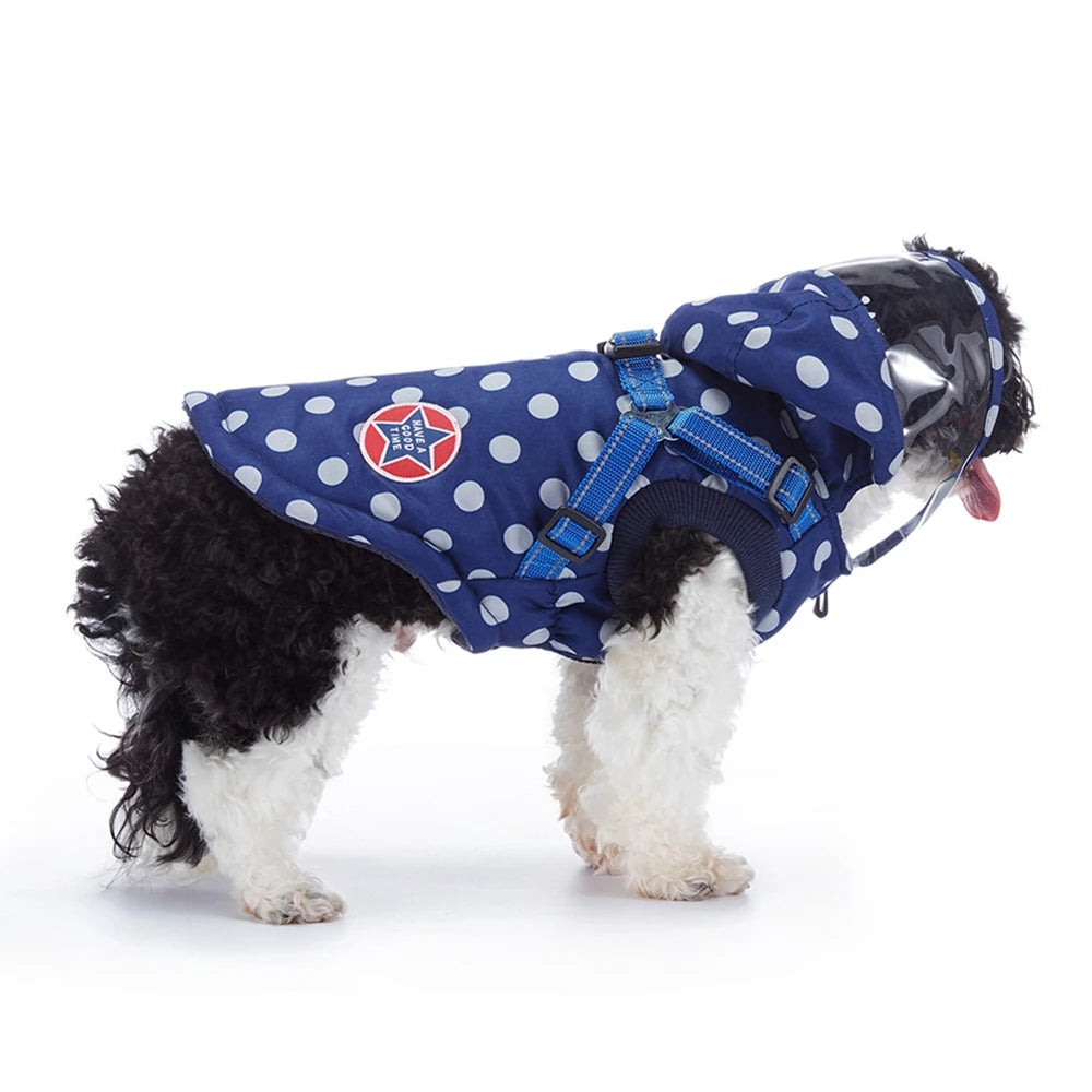 Winter Pet Dog Waterproof Coat with Harness – Warm Cotton Hooded Jacket for Small Dogs & Cats