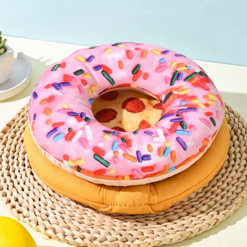Plush Donut & Pizza Squeaky Dog Toy – Chew & Teeth Cleaning