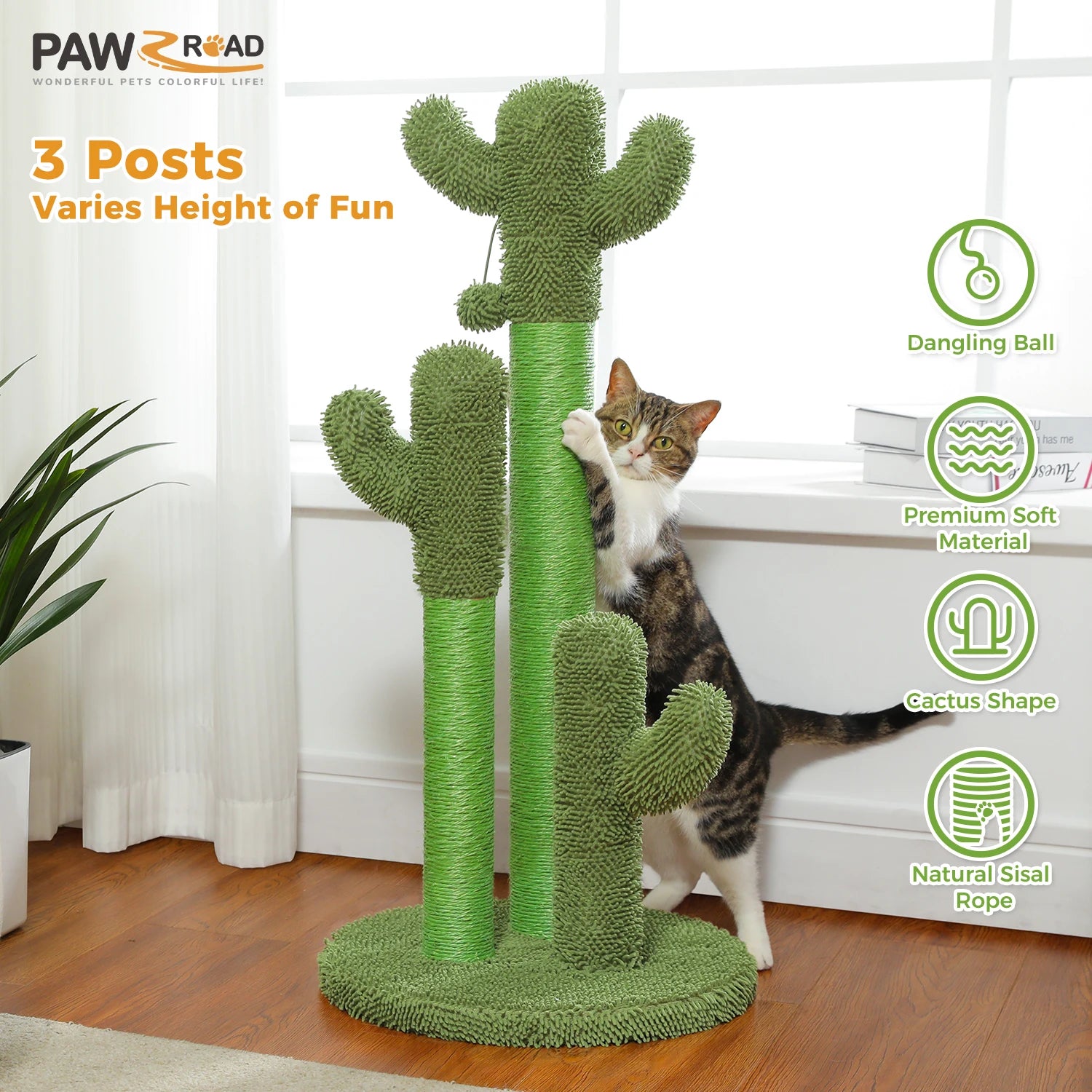Cactus Cat Scratching Post – Tall Cat Scratcher for Indoor Cats with 3 Sisal Poles & Interactive Dangling Ball Toys