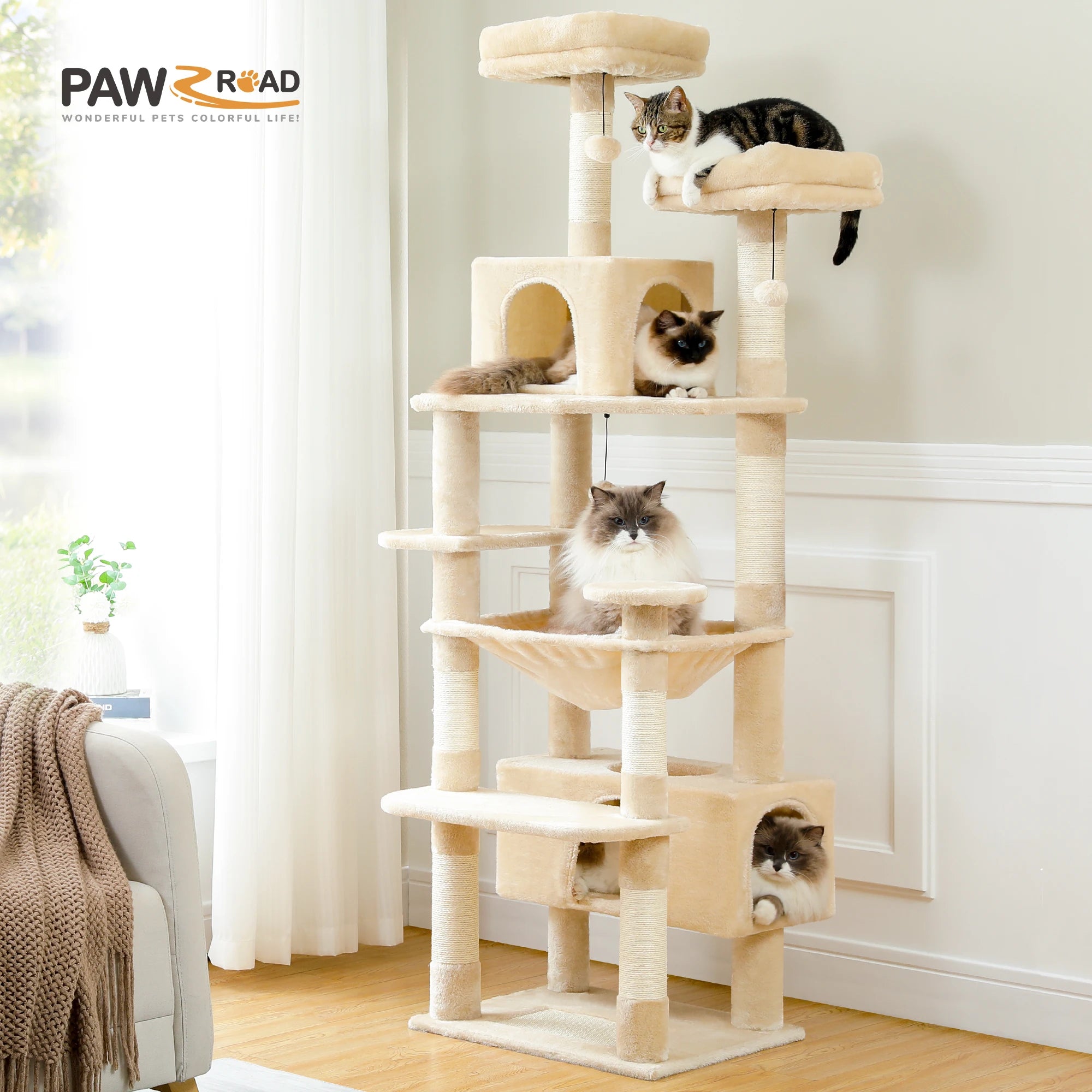 Large Cat Tree Tower for Indoor Cats – Multi-Level Cat Condo with Sisal Scratching Posts, Hammock, Padded Perches & Toys