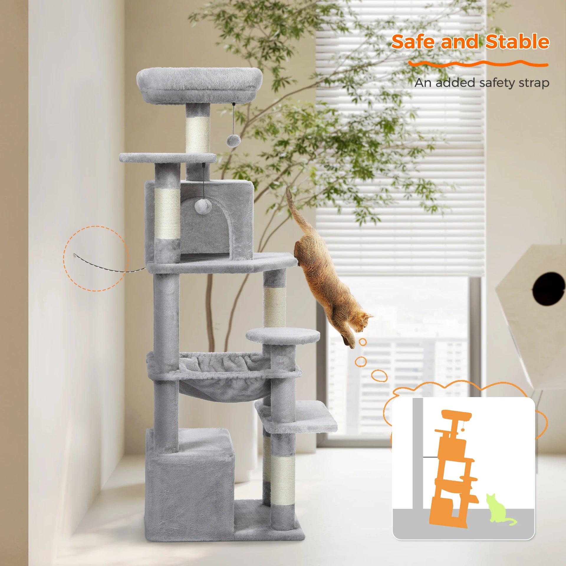 Large Cat Tree Tower for Indoor Cats – Multi-Level Cat Condo with Sisal Scratching Posts, Hammock, Padded Perches & Toys