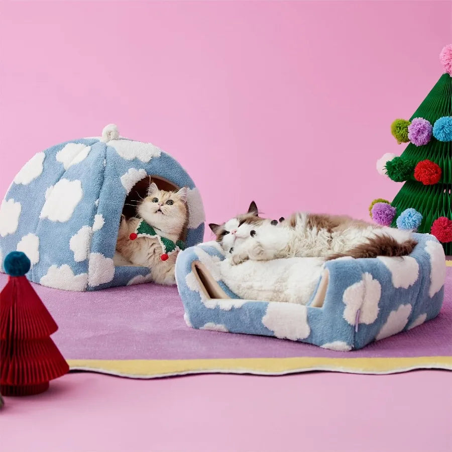 2-in-1 Cozy Cat Cave Bed with Washable Cushion – Blue