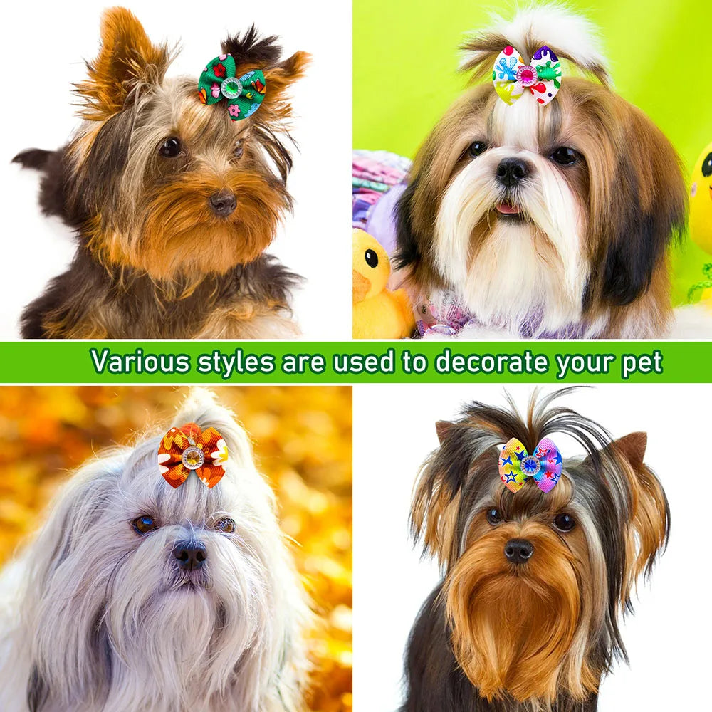 20PCS Dog Hair Bows with Diamond – Colorful Pet Grooming Accessories with Rubber Bands for Small Dogs & Puppies
