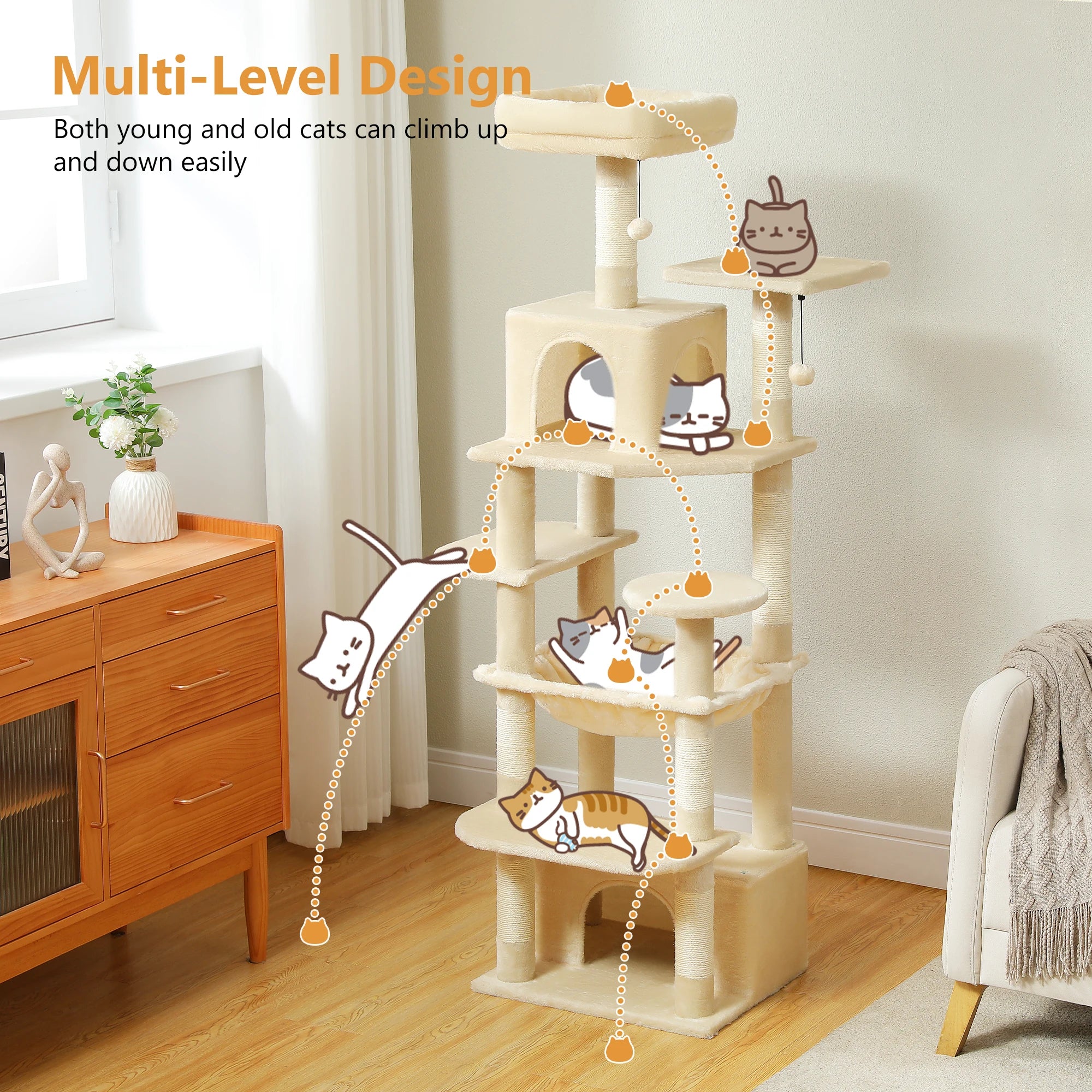 Large Cat Tree Tower for Indoor Cats – Multi-Level Cat Condo with Sisal Scratching Posts, Hammock, Padded Perches & Toys
