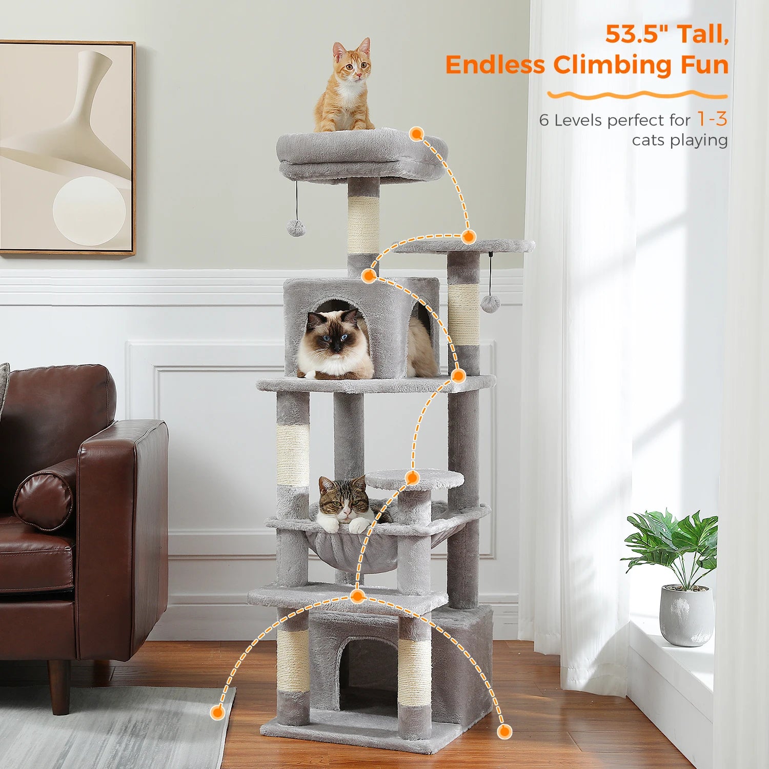 Large Cat Tree Tower for Indoor Cats – Multi-Level Cat Condo with Sisal Scratching Posts, Hammock, Padded Perches & Toys