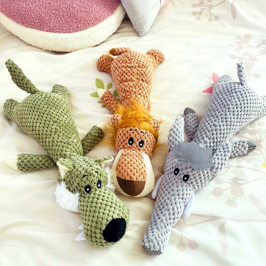 Bite-Resistant Squeaky Plush Dog Toy – Lion, Wolf & Elephant