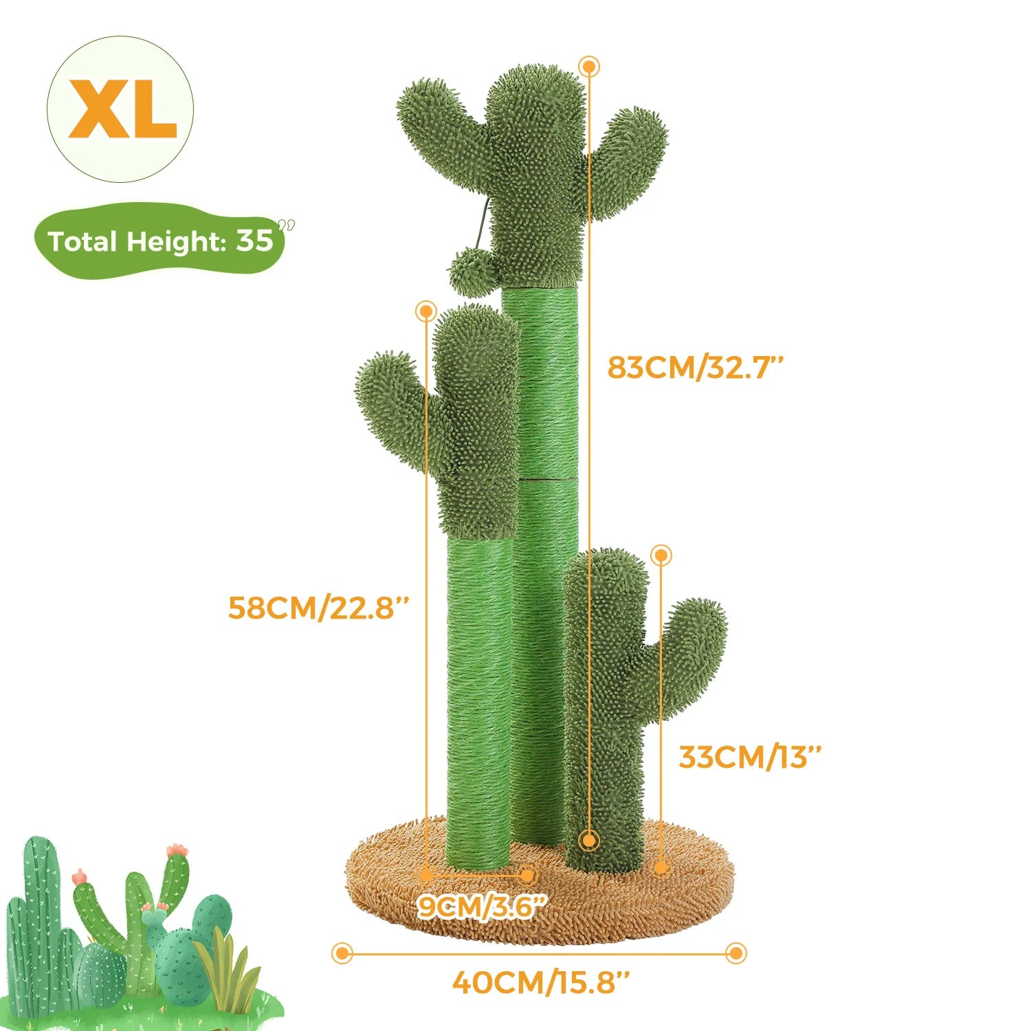 Cactus Cat Scratching Post – Tall Cat Scratcher for Indoor Cats with 3 Sisal Poles & Interactive Dangling Ball Toys