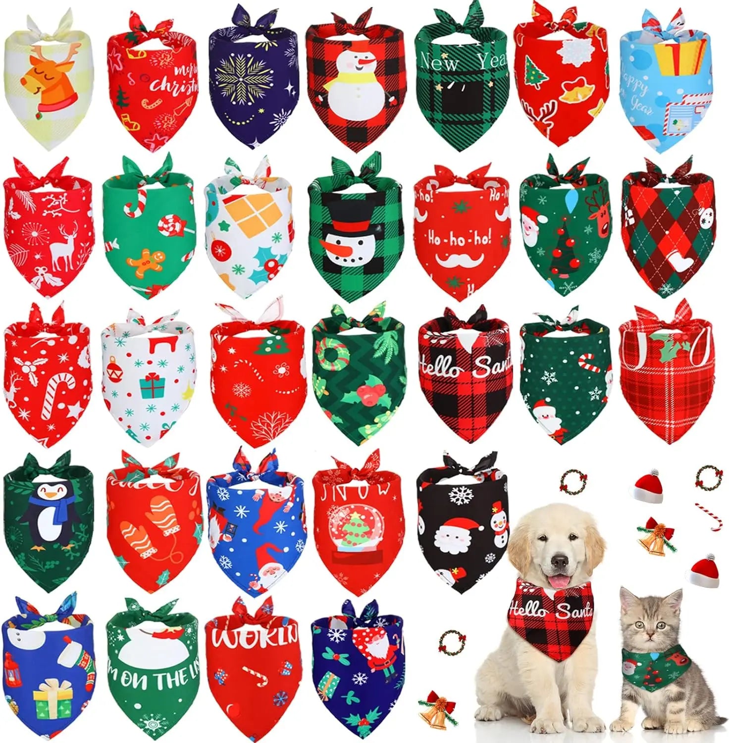30-Pack Christmas Pet Bandanas – Holiday Dog & Cat Triangle Scarves