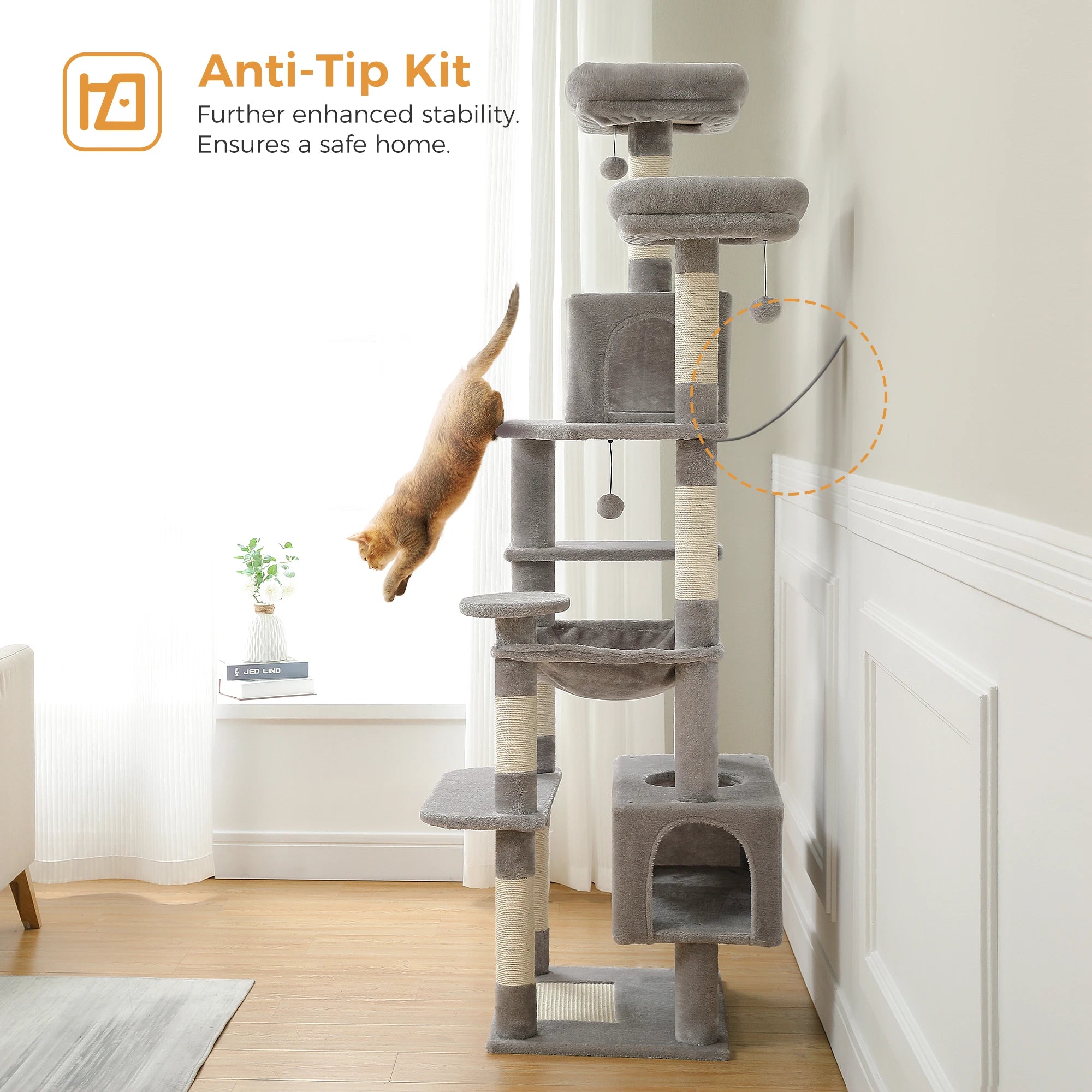 Large Cat Tree Tower for Indoor Cats – Multi-Level Cat Condo with Sisal Scratching Posts, Hammock, Padded Perches & Toys