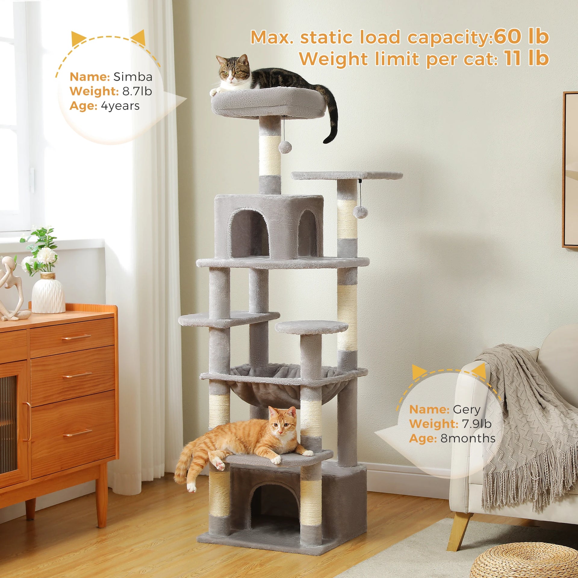 Large Cat Tree Tower for Indoor Cats – Multi-Level Cat Condo with Sisal Scratching Posts, Hammock, Padded Perches & Toys