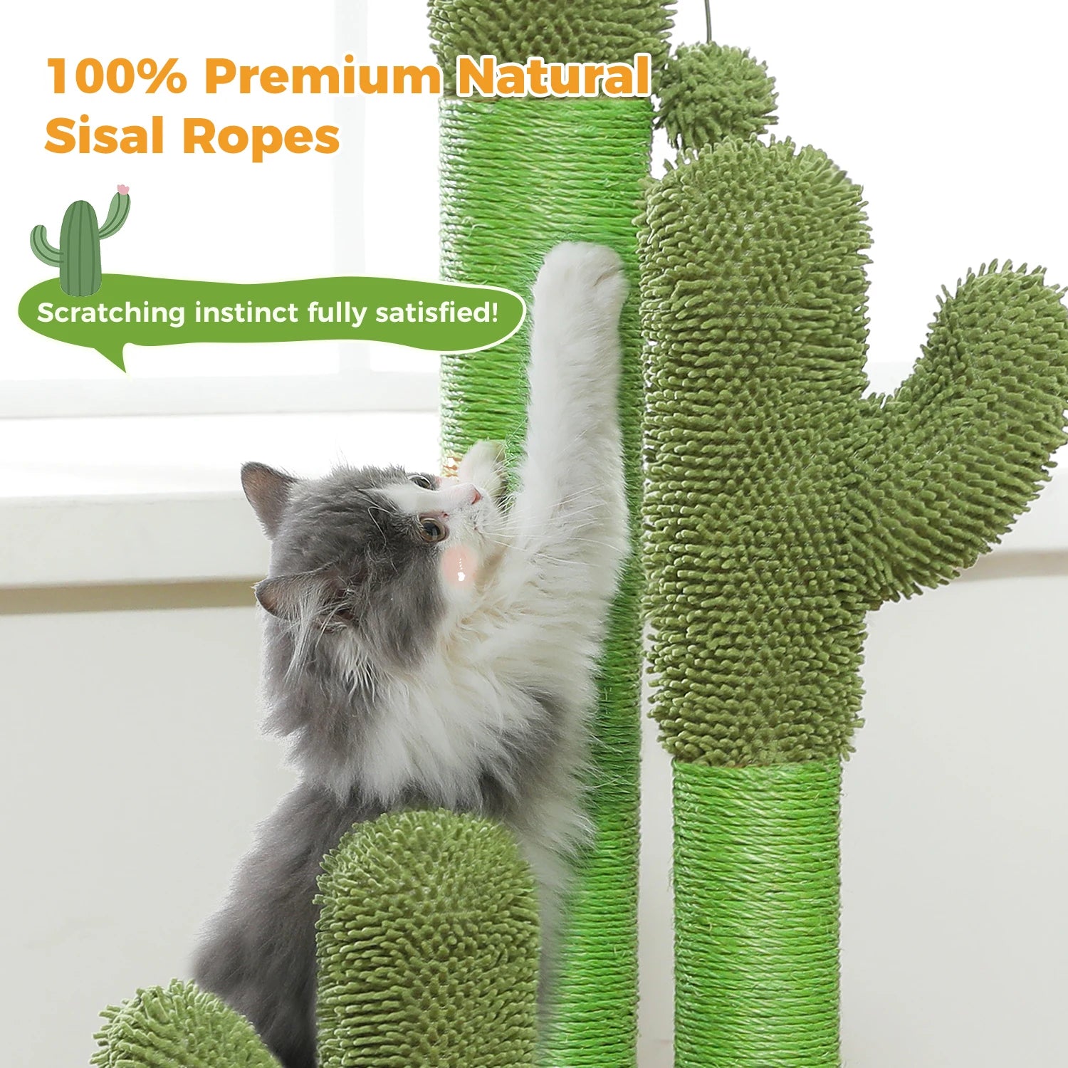 Cactus Cat Scratching Post – Tall Cat Scratcher for Indoor Cats with 3 Sisal Poles & Interactive Dangling Ball Toys