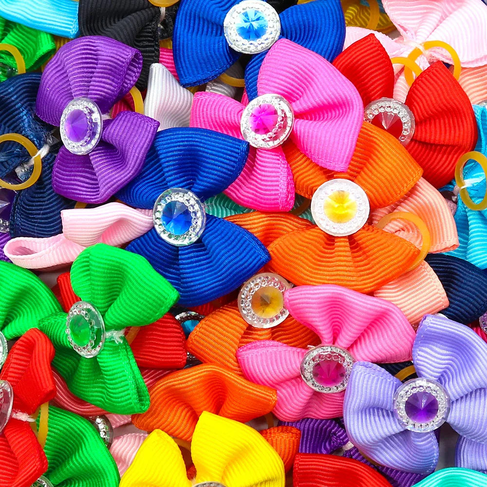 20PCS Dog Hair Bows with Diamond – Colorful Pet Grooming Accessories with Rubber Bands for Small Dogs & Puppies