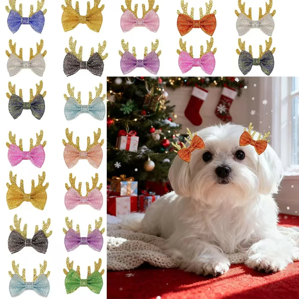 20/30/50-Pack Christmas Antler Dog Bows – Metal Clip Hairpins for Dogs & Cats