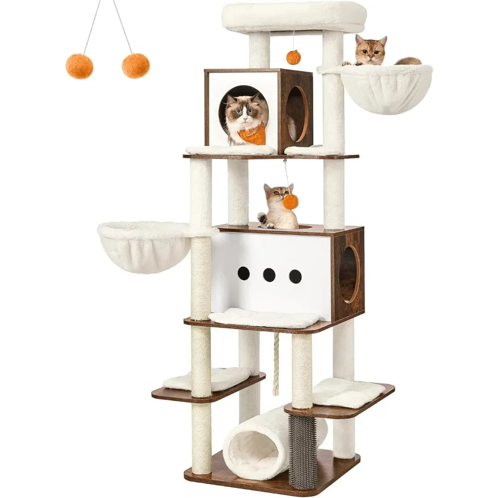 Tall Modern Cat Tree Tower for Large Indoor Cats – Multi-Level Cat Condo with 2 Caves, 2 Hammocks & 4 Sisal Scratching Posts