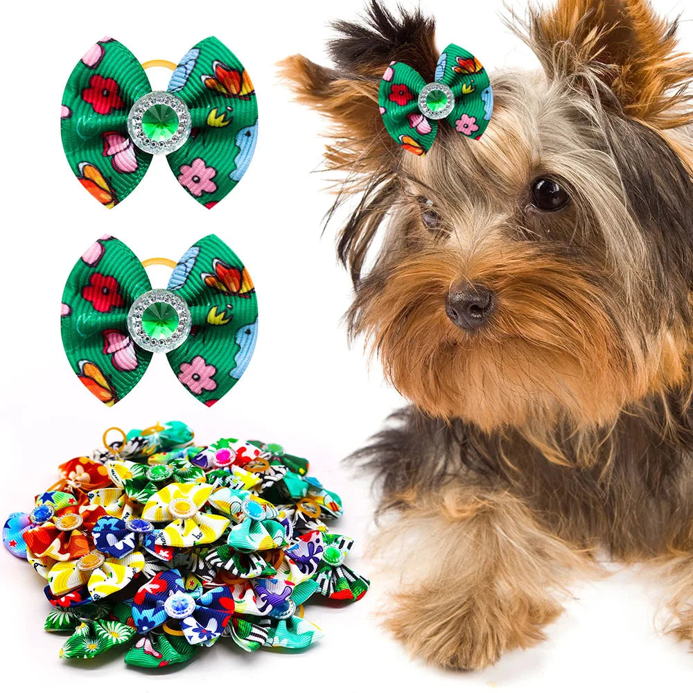 20PCS Dog Hair Bows with Diamond – Colorful Pet Grooming Accessories with Rubber Bands for Small Dogs & Puppies