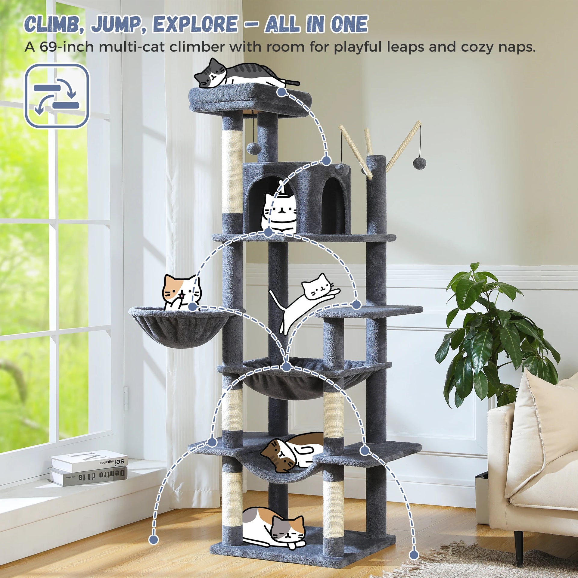 Multi-Level Cat Tree Tower for Indoor Cats – Modern Cat Furniture with Scratching Posts, Condo & Large Hammock