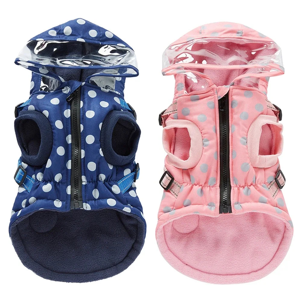 Winter Pet Dog Waterproof Coat with Harness – Warm Cotton Hooded Jacket for Small Dogs & Cats