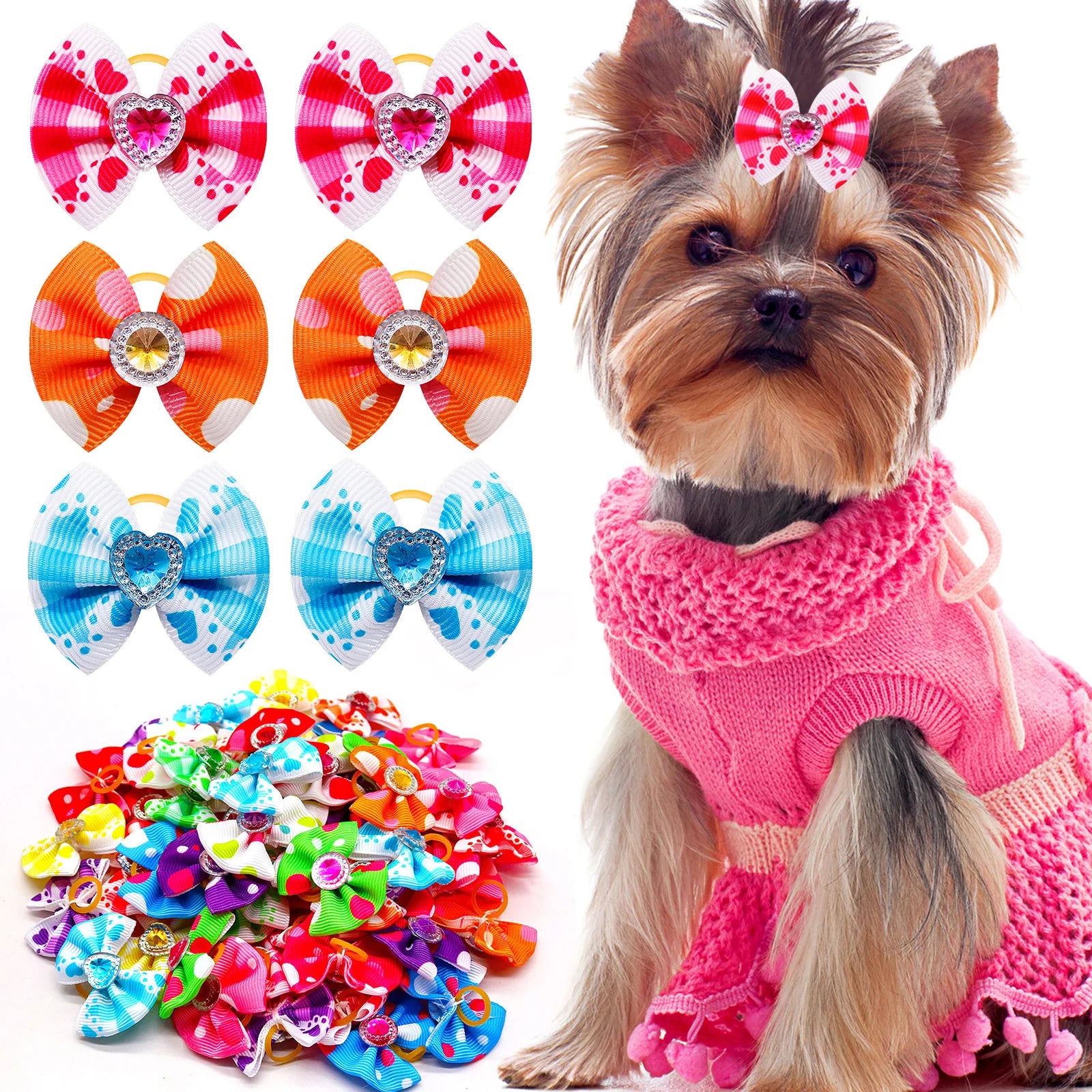 20PCS Dog Hair Bows with Diamond – Colorful Pet Grooming Accessories with Rubber Bands for Small Dogs & Puppies